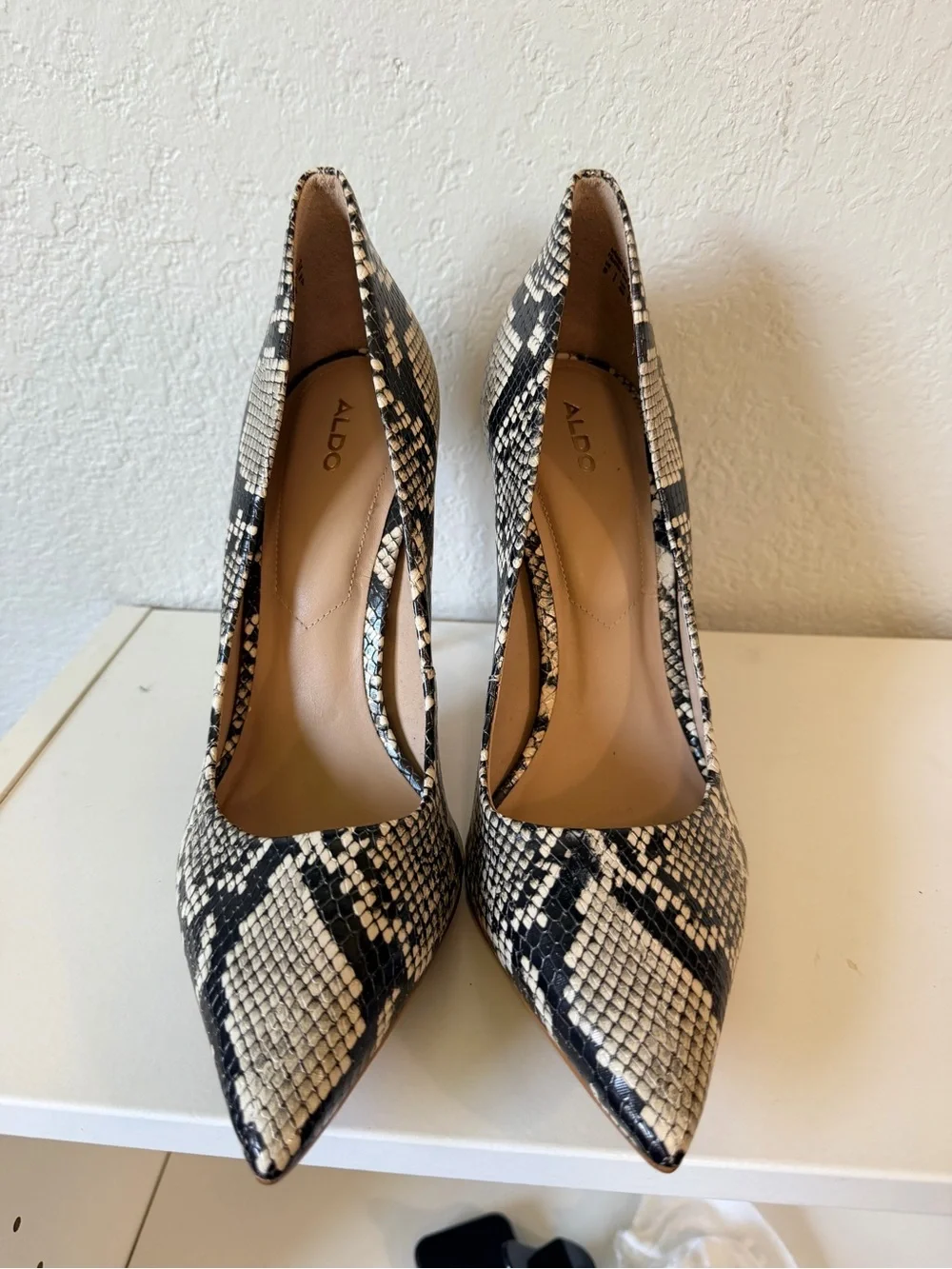 Aldo Black & White Snake-Print Pointed Stiletto Heels
